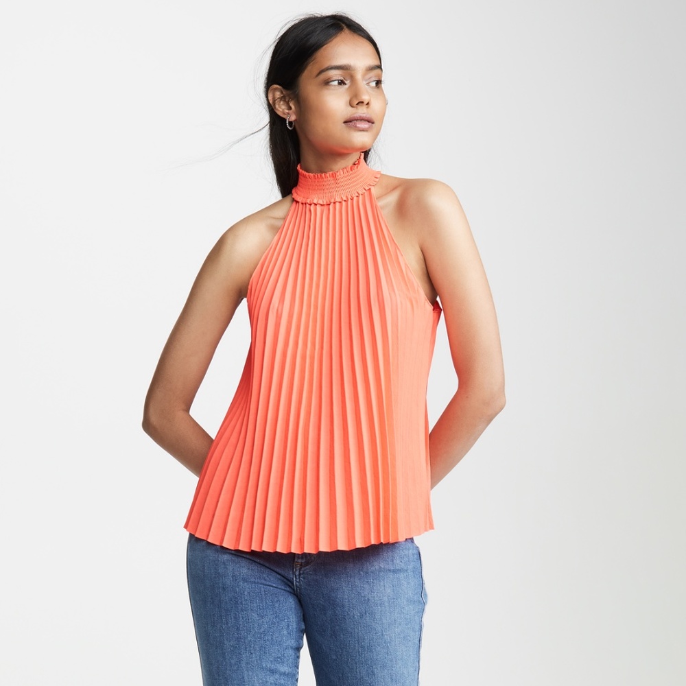 A.L.C. Imani Top 4 Pleated Mock Neck Bright Coral Sleeveless Pullover Blouse